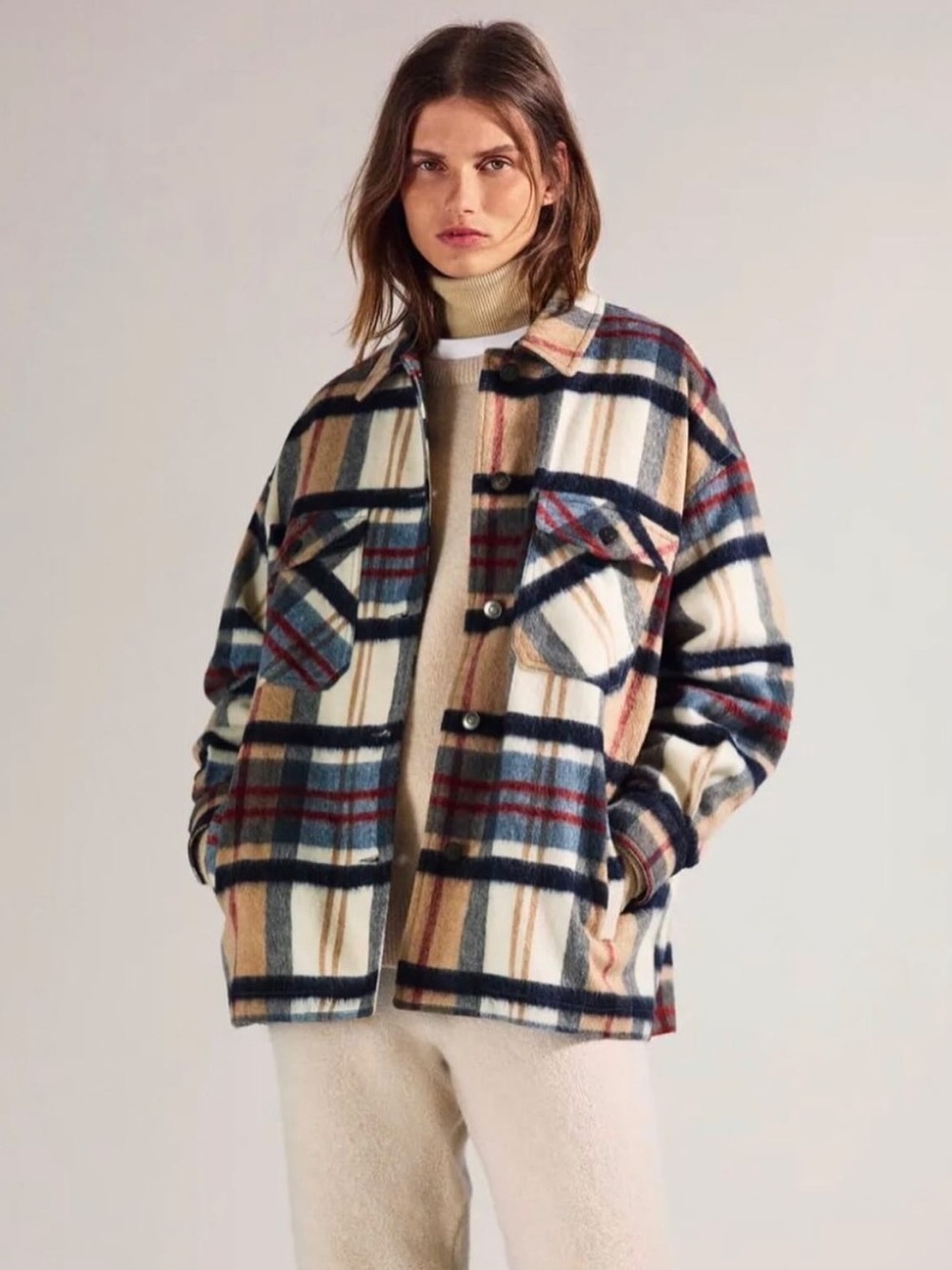 NWT Zara Oversized Cream, Navy & Tan Plaid Utility Jacket XS